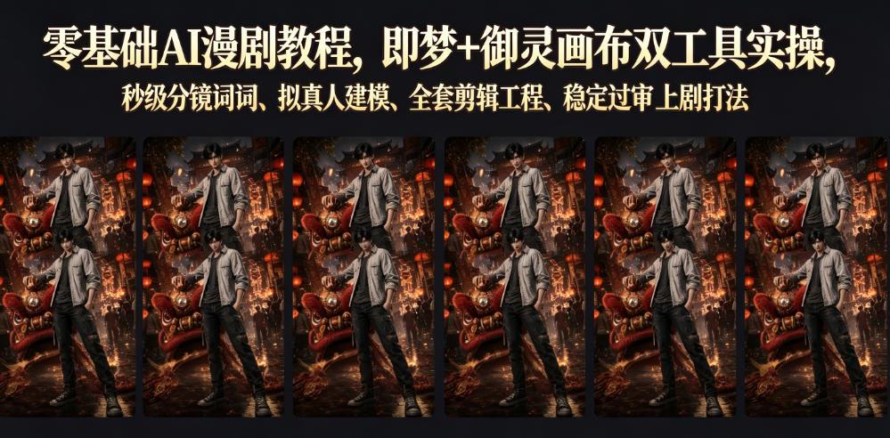零基础AI漫剧教程,即梦+御灵画布双工具实操,秒级分镜提示词、拟真人建模、全套剪辑工程、稳定过审上剧打法