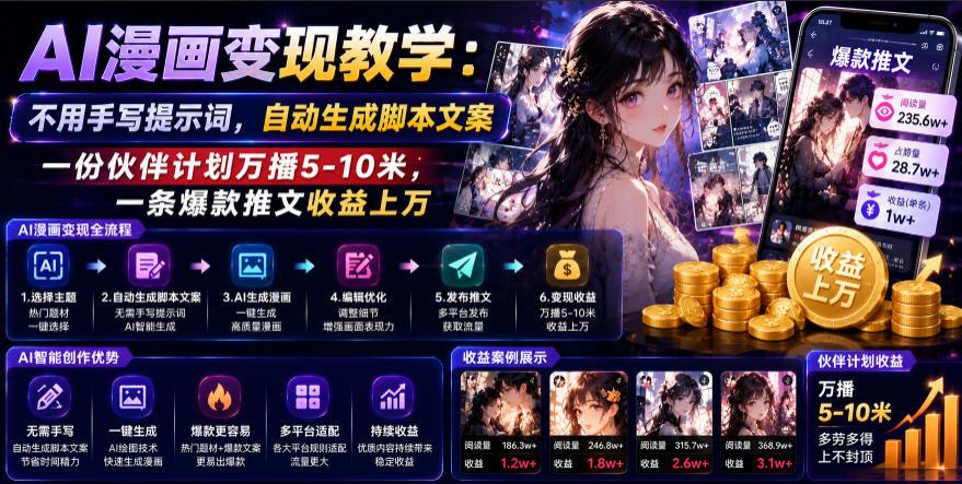 AI漫画变现教学：不用手写提示词，自动生成脚本文案，一份伙伴计划万播5-10米，一条爆款推文收益上W