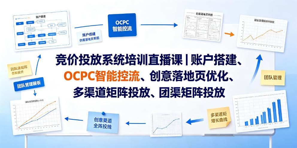 竞价投放系统培训直播课|账户搭建、OCPC智能控流、创意落地页优化、多渠道矩阵投放、团队管理与副业变现全阶实战