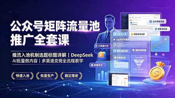公众号矩阵流量池推广全套课,推流入池机制选题标题详解,DeepSeek AI批量做内容,多渠道变现全流程教学-三零资源
