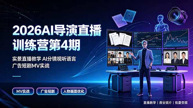 2026AI导演直播训练营第4期,实景直播教学AI分镜视听语言,广告短剧MV实战,解决人物画面崩坏痛点-三零资源