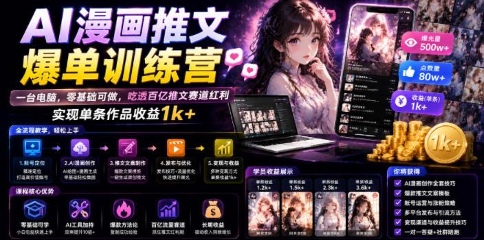 AI漫画推文爆单训练营,一台电脑,零基础可做,吃透百亿推文赛道红利,实现单条作品收益1k+(更新0705)-三零资源