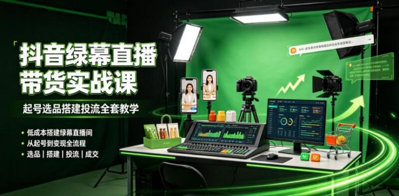 某社群抖音绿幕直播带货实战课，起号选品搭建投流全套教学，低成本搭建绿幕直播间