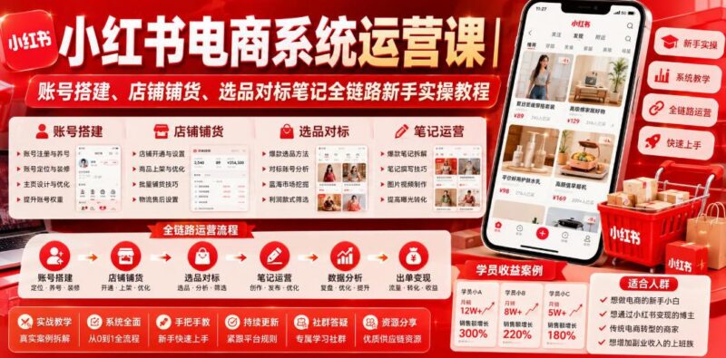 小红书电商系统运营课｜账号搭建、店铺铺货、选品对标笔记全链路新手实操教程-三零资源