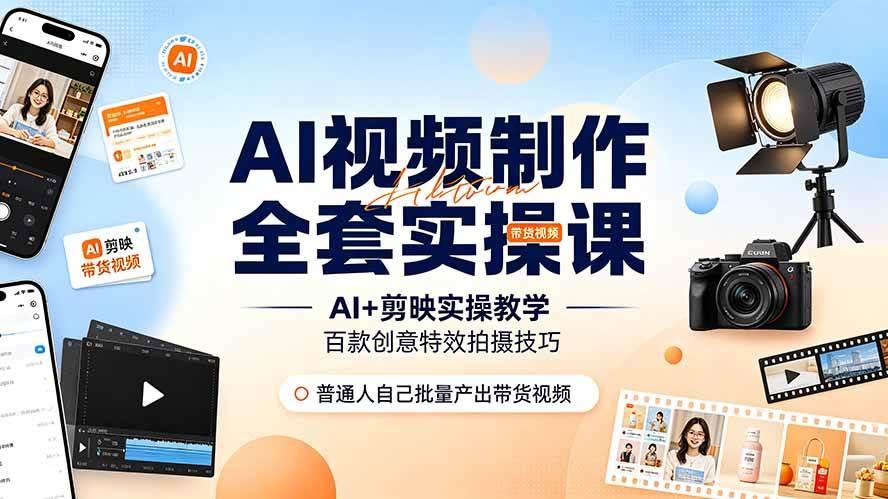 AI视频制作全套实操课，多款AI工具搭配剪映教学，百种特效运镜拍摄实操，抖音账号带货运营全覆盖