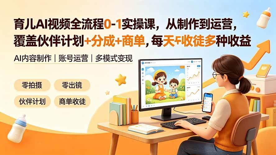 育儿AI视频全流程0-1实操课,从制作到运营,覆盖伙伴计划+分成+商单+收徒多种收益,每天500+收益