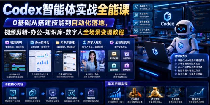 Codex智能体实战全能课｜0基础从搭建技能到自动化落地，视频剪辑-办公-知识库-数字人全场景变现教程-三零资源