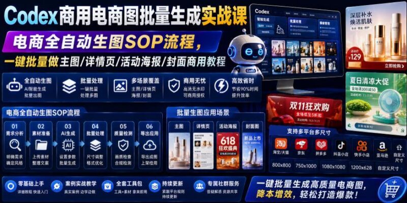 Codex商用电商图批量生成实战课｜电商全自动生图SOP流程，一键批量做主图/详情页/活动海报/封面商用教程-三零资源