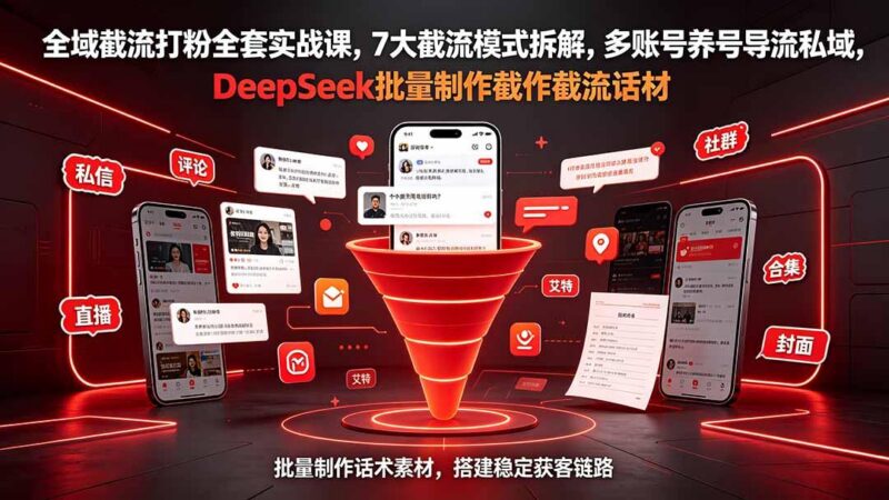 全域截流打粉全套实战课,7大截流模式拆解,多账号养号导流私域,DeepSeek批量制作截流话术素材 三零资源-三零资源