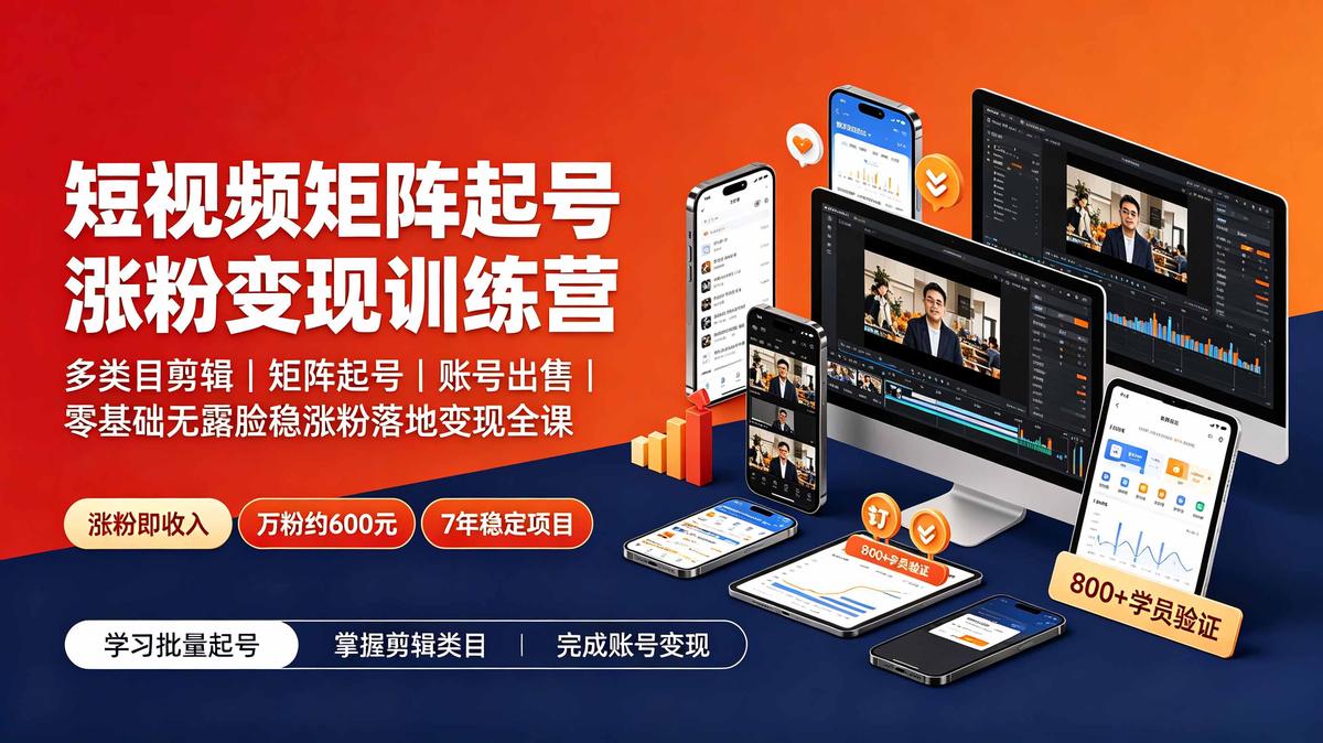 短视频矩阵起号涨粉变现训练营|多类目剪辑·矩阵起号·账号出售,零基础无露脸稳涨粉落地变现全课