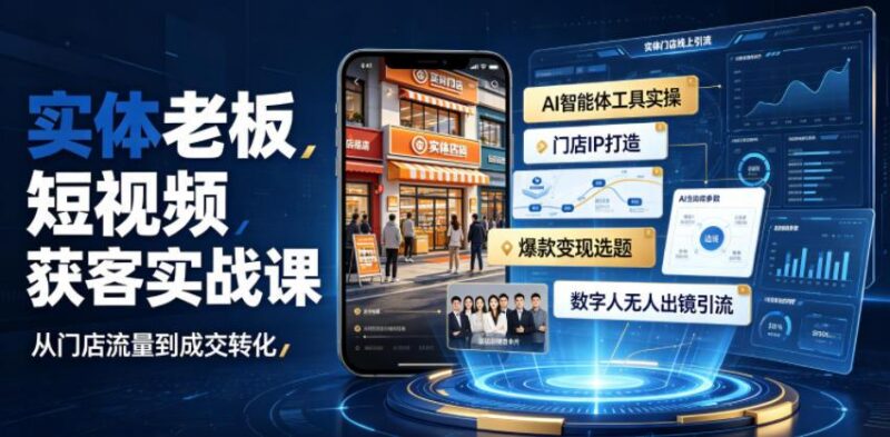 实体老板短视频获客实战课|AI智能体工具全套实操、门店IP打造、爆款变现选题、数字人无人出镜引流完整教程-三零资源
