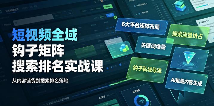 短视频全域钩子矩阵搜索排名实战课|6大平台矩阵布局、关键词堆量抢占搜索流量、钩子私域导流、AI批量内容生成-三零资源