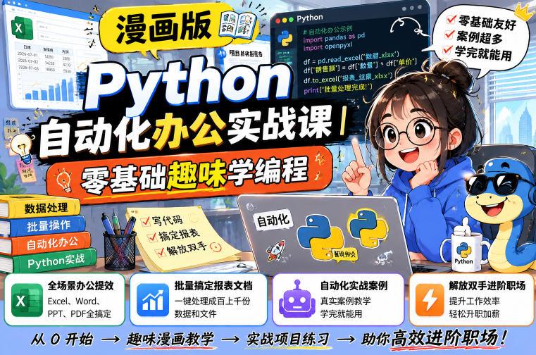 漫画版Python自动化办公实战课|零基础趣味学编程,全场景办公提效、批量搞定报表文档、解放双手进阶职场-三零资源