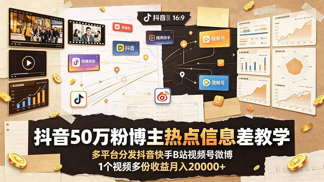 抖音50万粉博主热点信息差教学：多平台分发抖音快手B站视频号微博，1个视频多份收益月入20000+