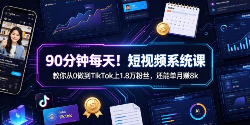 90分钟每天!短视频系统课教你从0做到TikTok上1.8万粉丝,还能单月賺8k【原创双语字幕】-三零资源