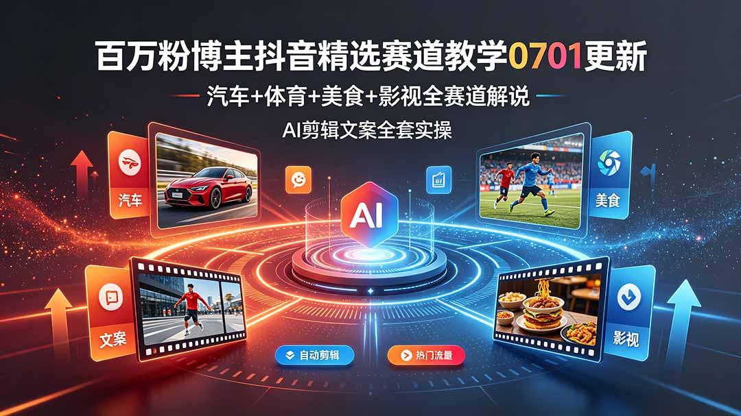 百万粉博主抖音精选赛道教学-0701更新，汽车+体育+美食+影视全赛道解说，AI剪辑文案全套实操