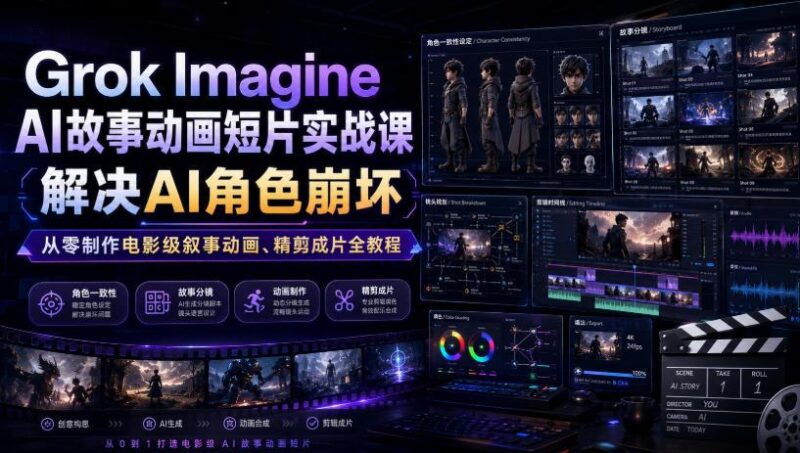 Grok Imagine AI故事动画短片实战课|解决AI角色崩坏,从零制作电影级叙事动画、精剪成片全教程(中英字幕)-三零资源