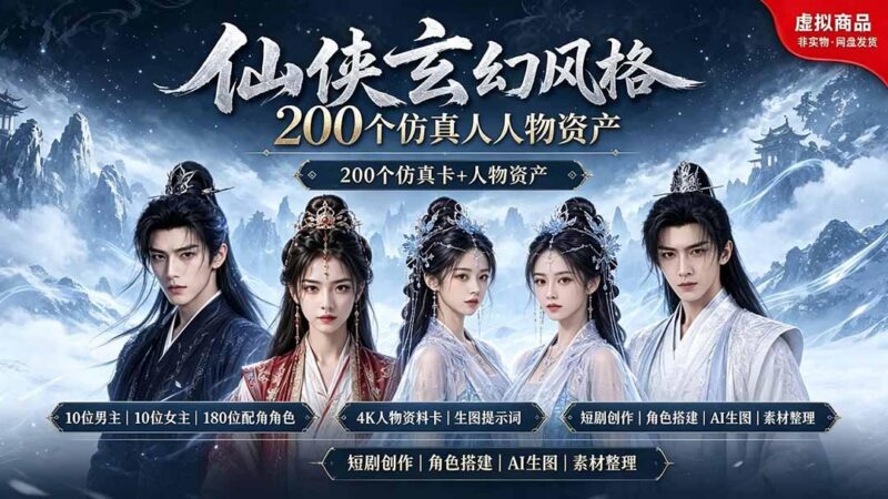 200个仙侠玄幻仿真人素材◆10男主×10女主×180配角,4K资料卡+AI生图提示词,漫剧必备-三零资源