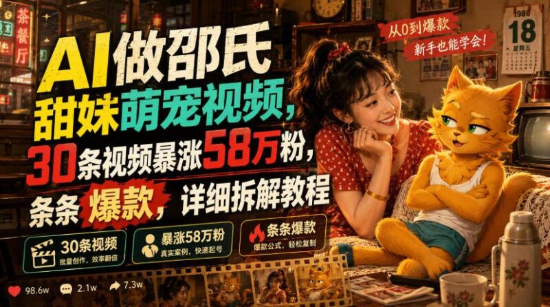 AI做邵氏甜妹萌宠视频,30条视频暴涨58万粉,条条爆款,详细拆解教程-三零资源