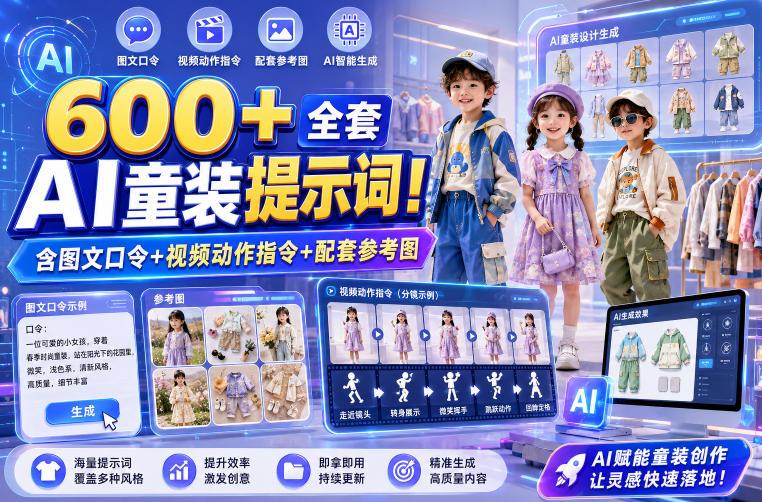 600+全套AI童装提示词!含图文口令+视频动作指令+配套参考图,Word-Excel规整分类,童装电商、种草无脑量产内容!-三零资源
