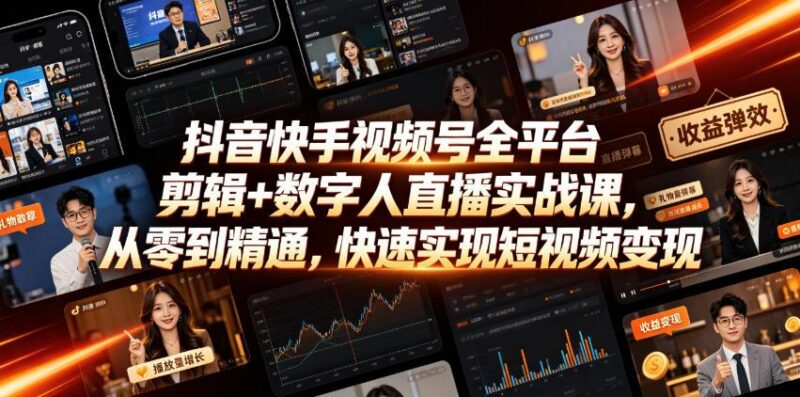 抖音快手视频号全平台剪辑+数字人直播实战课,从零到精通,快速实现短视频变现(更新2026年6月)-三零资源