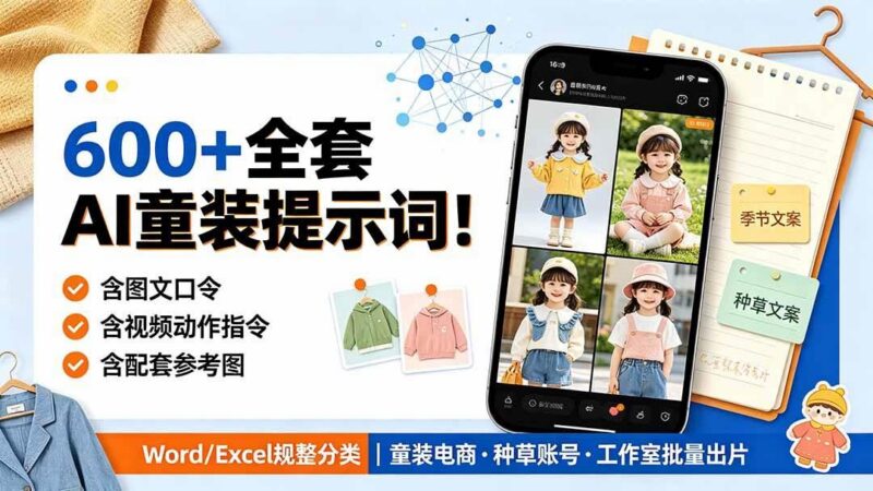 600+全套AI童装提示词!含图文口令+视频动作指令+配套参考图,Word/Excel规整分类,童装电商、种草无脑量产内容-三零资源