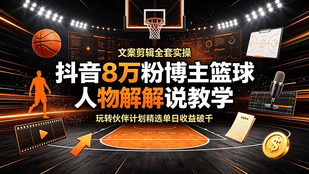 抖音8万粉博主篮球人物解说教学,文案剪辑全套实操,玩转伙伴计划精选单日收益破千