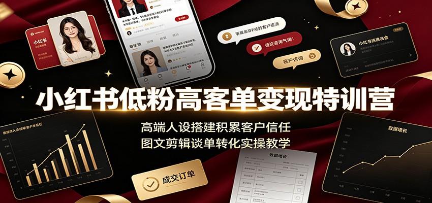 小红书低粉高客单变现特训营：高端人设搭建积累客户信任，图文剪辑谈单转化实操教学