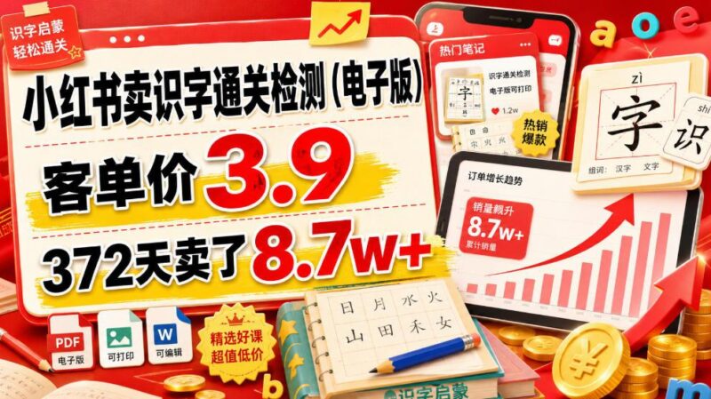 小红书卖识字通关检测(电子版),客单价3.9,372天卖了8.7w+ 三零资源-三零资源