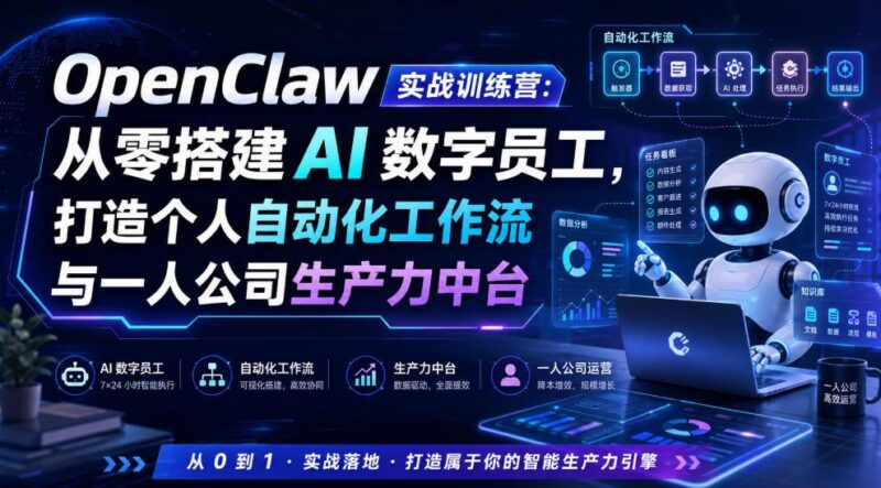 OpenClaw实战训练营:从零搭建AI数字员工,打造个人自动化工作流与一人公司生产力中台 三零资源-三零资源
