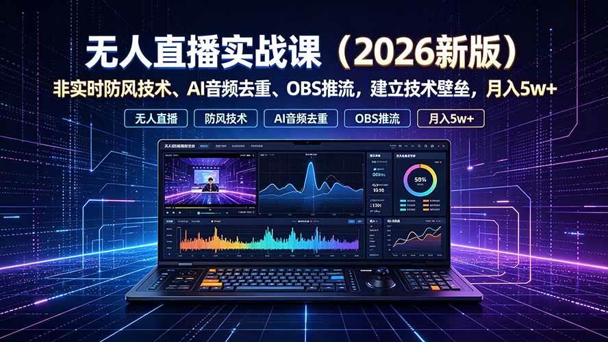 无人直播实战课(更新7月),非实时防风技术、AI音频去重、OBS推流,建立技术壁垒,月入5w+