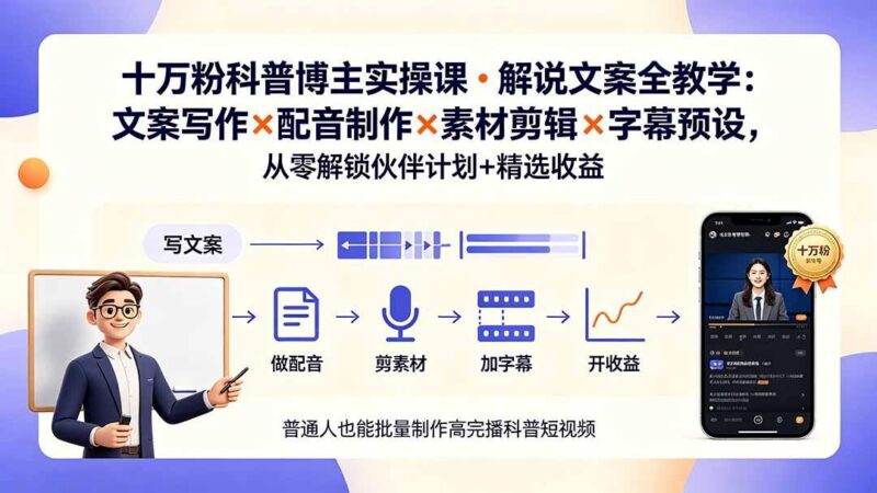 10万粉科普博主实操课-解说文案全教学:文案写作×配音制作×素材剪辑×字幕预设,从零解锁伙伴计划+精选收益-三零资源