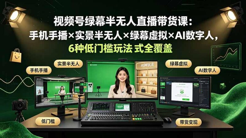 视频号绿幕半无人直播带货课:手机手播×实景半无人×绿幕虚拟×AI数字人,6种低门槛玩法全覆盖 三零资源-三零资源