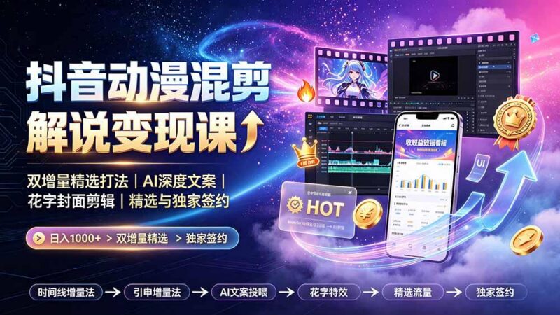 抖音动漫混剪解说变现课：双增量精选打法｜AI深度文案｜花字封面剪辑｜ 精选与独家签约日入1000+-三零资源