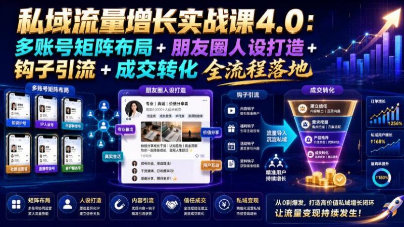 私域流量增长实战课4.0：多账号矩阵布局+朋友圈人设打造+钩子引流+成交转化全流程落地-三零资源