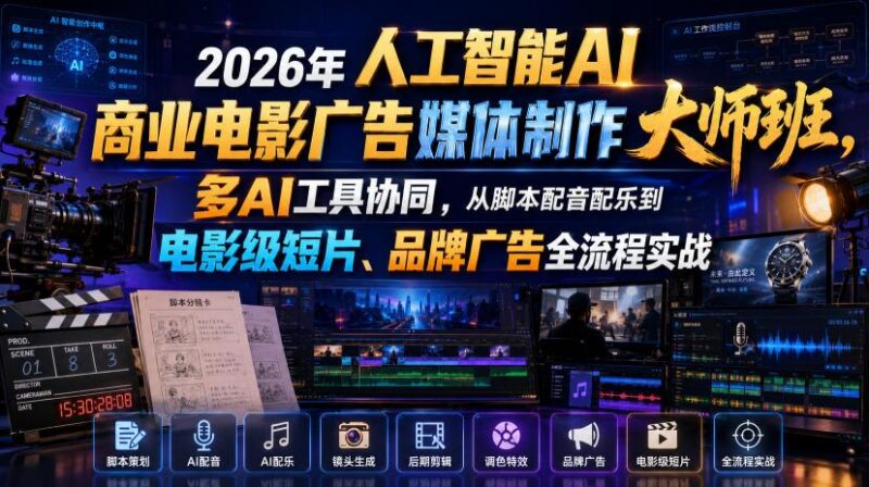 2026年人工智能AI商业电影广告媒体制作大师班,多AI工具协同,从脚本配音配乐到电影级短片、品牌广告全流程实战(中英字幕) 三零资源-三零资源