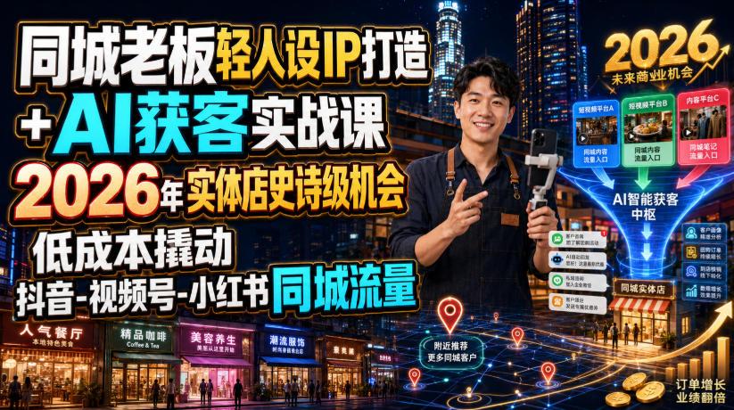 同城老板轻人设IP打造+AI获客实战课,2026年实体店史诗级机会,低成本撬动抖音-视频号-小红书同城流量