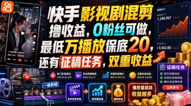 快手影视剧混剪撸收益,0粉丝可做,最低万播放保底20,还有征稿任务,双重收益 三零资源-三零资源