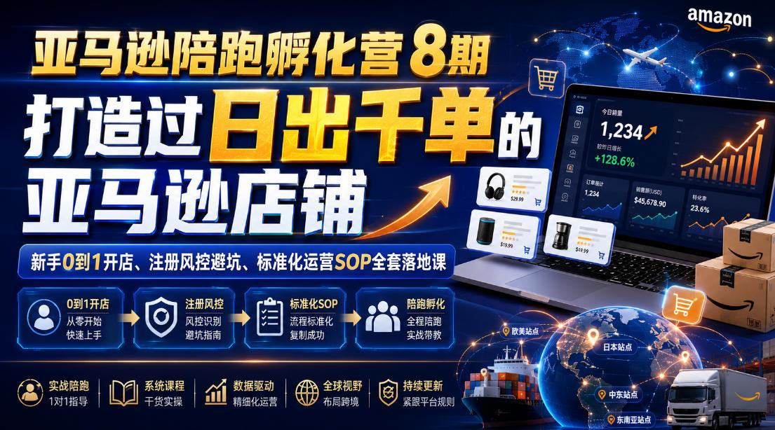 跨境电商陪跑孵化营8期，打造过日出千单的跨境电商店铺，新手0到1开店、注册风控避坑、标准化运营SOP全套落地课