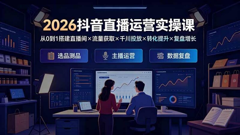 2026抖音直播运营实操课：从0到1搭建直播间×流量获取×千川投放×转化提升×复盘增长，系统掌握完整闭环-三零资源