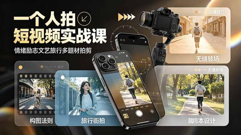 一个人拍短视频实战课：情绪励志文艺旅行多题材×五大景别×黄金构图×八大运镜，从拍摄到成片高效创作-三零资源