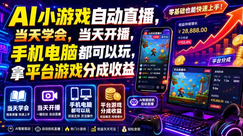 AI小游戏自动直播,当天学会,当天开播,手机电脑都可以玩,拿平台游戏分成收益