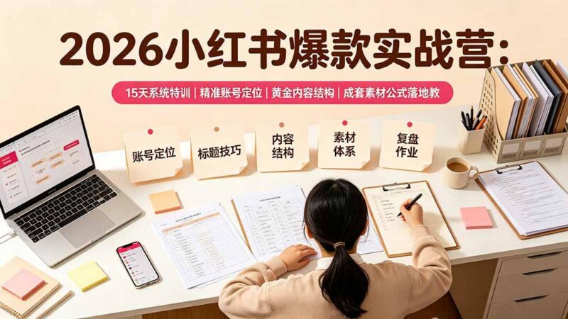 2026小红书爆款实战营：15天系统特训｜精准账号定位｜黄金内容结构｜成套素材公式落地教程-三零资源