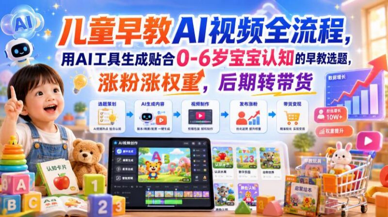 儿童早教AI视频全流程，用AI工具生成贴合0-6岁宝宝认知的早教选题，涨粉涨权重，后期转带货-三零资源