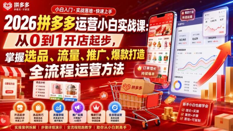2026拼多多运营小白实战课:从0到1开店起步,掌握选品、流量、推广、爆款打造全流程运营方法-三零资源