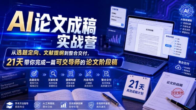 AI论文成稿实战营,从选题定向、文献提纲到整合交付,21天带你完成一篇可交导师的论文阶段稿-三零资源