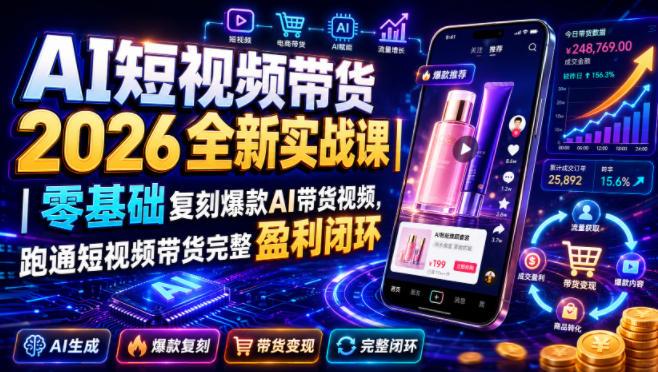 AI短视频带货2026全新实战课｜零基础复刻爆款AI带货视频，跑通短视频带货完整盈利闭环 三零资源-三零资源