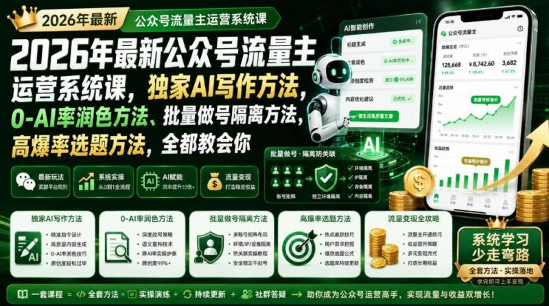 2026年最新公众号流量主运营系统课，独家AI写作方法，0-AI率润色方法、批量做号隔离方法、高爆率选题方法，全都教会你 三零资源-三零资源