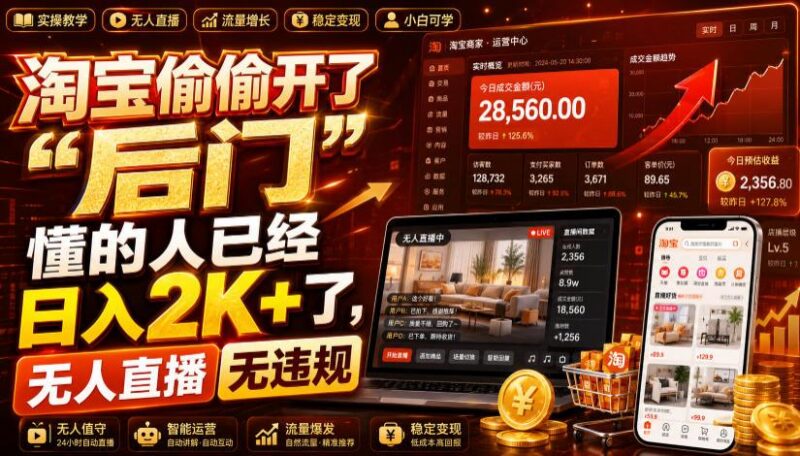 淘宝偷偷开了“后门”,懂的人已经日入2K+了,无人直播无违规,一台电脑=一家24小时营业的线上门店【揭秘】 三零资源-三零资源