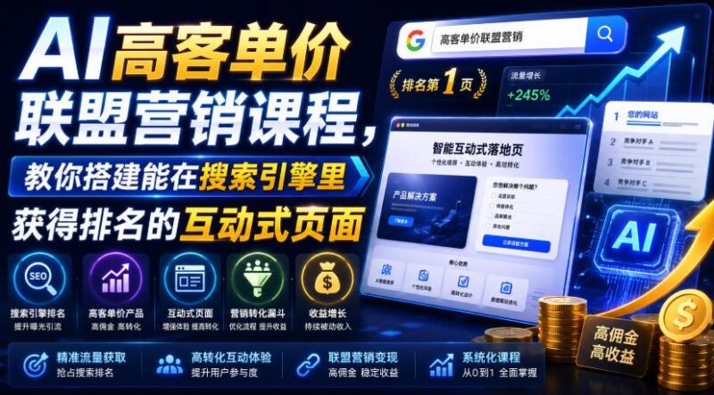 AI高客单价联盟营销课程，教你搭建能在搜索引擎里获得排名的互动式页面，引来流量，把访客转化为高佣金的成交【原创双语字幕】 三零资源-三零资源